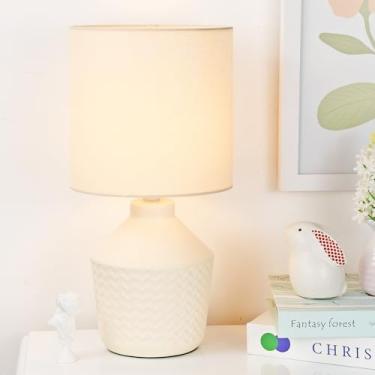 Imagem de Lampwell Candeeiro de mesa pequeno creme de palheta para sala de estar como luminária de mesa de cabeceira para quarto, luminária de mesa noturna infantil de cerâmica moderna, Φ16,89 × A 30,58 cm