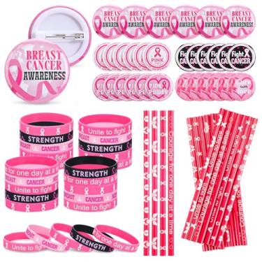 Imagem de Ferreve 90 peças fita rosa acessórios de conscientização do câncer de mama, 30 pulseiras de fita, 30 lápis de madeira, pino de 30 botões para o mês de conscientização do câncer suprimentos de apoio
