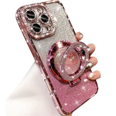 Imagem de Changjia Capa com suporte de glitter para iPhone 16 Pro Max, strass de diamante brilhante de luxo com protetor de câmera, anel fluido líquido, suporte de TPU (poliuretano termoplástico), capa feminina