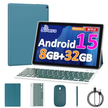 Imagem de Tablet Android 15 de 10 polegadas, 6 GB de RAM, 32 GB ROM, CPU quad-core potente, tela de resolução de 1280 x 800, câmera de 8 MP, bateria de 6000 mAh, tablets 2 em 1 com teclado, capa, mouse, laptop