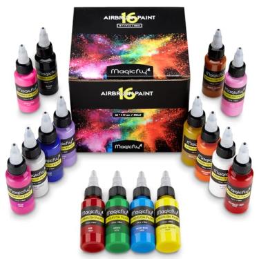 Imagem de Magicfly Tinta para aerógrafo, conjunto de tintas acrílicas para aerógrafo de 16 cores (30 ml/28 g), kit de pintura para aerógrafo de para iniciantes, hobistas e artistas