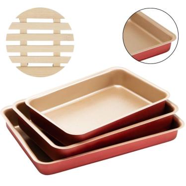 Imagem de Jogo Forma Retangular 03 Pçs Antiaderentes + Descanso Panela