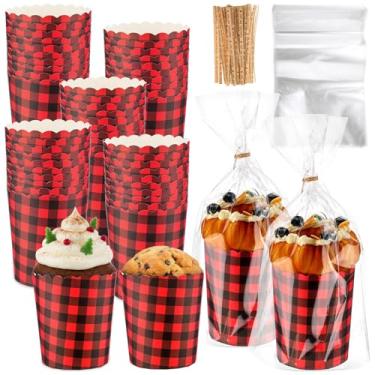 Imagem de Eaasty 50 conjuntos de copos de papel de Natal de 350 ml, xadrez vermelho búfalo de Natal, formas de papel panetone, forros de cupcake descartáveis, molde de panetone para Natal, férias, aniversário