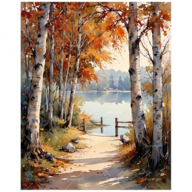 Imagem de Kit de pintura de folhagem de outono à beira do lago por números para adultos - Pintura em tela de trilhas de bétulas e lagoas, conjunto de tinta acrílica para iniciantes, arte para decoração de casa