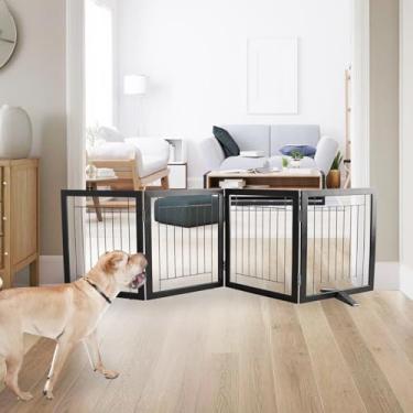 Imagem de ZJSF Portão interno independente para cães, cerca dobrável para portas, corredores ou escadas, portão extra largo de madeira resistente para animais de estimação com pés de apoio, preto, 61 cm de