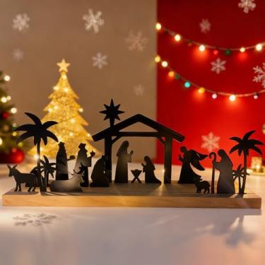 Imagem de Silhueta de presépio de metal, conjunto de presépio de Natal de 5 peças com base de madeira, cena de manjedoura com estrela de Belém, Maria, José, bebê Jesus, homens sábios, animais, decoração de mesa
