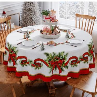 Imagem de Siilues Toalha de mesa de Natal 152 x 152 cm redonda, poinsétia vintage, fita dourada, capa de mesa, sazonal, inverno, borda recortada, impermeável, toalha de mesa de jantar, decoração de festa em