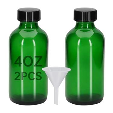 Imagem de REUJIHXY 2 garrafas de vidro verde de 118 ml - frascos de vidro pequenos com tampas pretas garrafa Boston vazia, frascos dispensadores para extrato de baunilha caseiro, óleos essenciais, fitoterapia