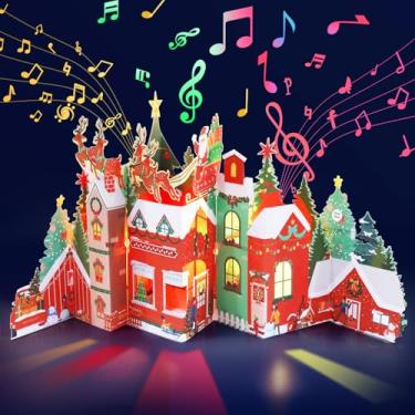 Imagem de JOYJOM Cartões de Natal pop-up 3D, cartões musicais de Natal com envelopes, luzes e etiqueta de anotação para crianças, esposa, pai, amigos, 53 x 29 cm (papai noel e renas)