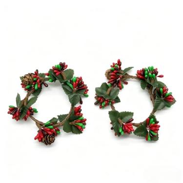 Imagem de 2 peças de anel de vela de outono para decoração de guirlanda de ação de graças, decoração de estilo country com pinhas e frutas vermelhas para decoração de varanda interna e externa (verde)