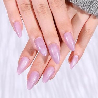Imagem de 30 peças de unhas de pressão de amêndoa média, ponta francesa, purpurina, cobertura completa, cola em bastão de unha para mulheres (nº 01 rosa claro)