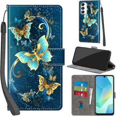 Imagem de Salanheo Capa carteira para Samsung Galaxy A16 4G / A16 5G, com [3 compartimentos para cartões], fecho magnético com suporte, capa protetora de couro PU à prova de choque 17 cm, borboleta verde