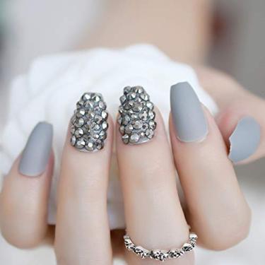 Imagem de Unhas postiças de pressão cinza fosco cor acrílica cobertura completa unhas postiças com pedras manicure caixão curto