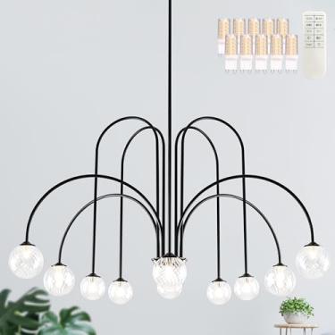 Imagem de Bagood Lustre preto Sputnik com 10 lâmpadas globo luminárias 109 cm meados do século moderno lustre regulável com globo de vidro transparente para quarto e cozinha (lâmpada G9 e controle remoto