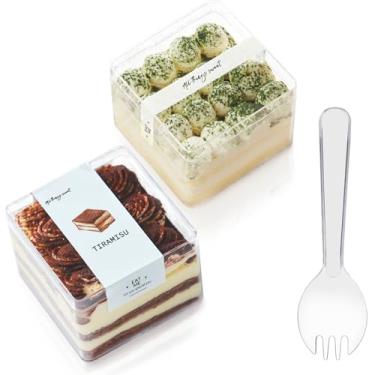 Imagem de Caixas quadradas de plástico para sobremesa com tampas e garfos, embalagem para assados, recipientes de tiramisu de biscoito para frutas, pudim, mousse, copos de parfait com tampas (20, 340 g, 8,4 x