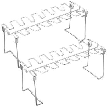 Imagem de Grelhador de aço inoxidável com 14 compartimentos para asas e pernas de frango, conjunto de 2 peças, dobrável, resistente ao calor, ideal para churrascos e defumadores,