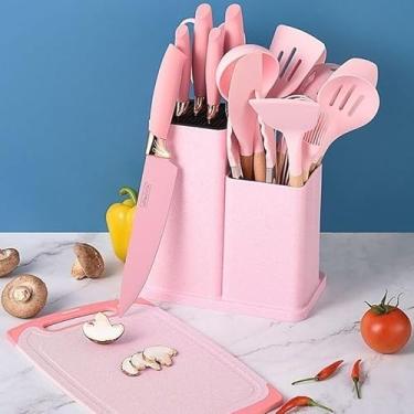 Imagem de Kit de Utensílios de Cozinha com 19 Peças, Cabo em Madeira e Silicone, Conjunto para Cozinha (Rosa)