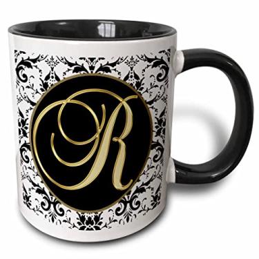 Imagem de 3dRose mug_256282_4 Caneca "Image Of The Script Letter R In Black White And Gold, Black", 325 ml