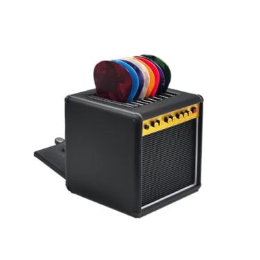 Imagem de POIET Caixa de suporte de palheta de guitarra, suporte de palheta de guitarra, suporte de palheta estilo amplificador com 8 palhetas de guitarra de celuloide, conjunto de caixa de armazenamento para