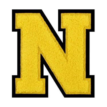 Imagem de 1 PÇ Patch de letra de chenille amarelo de 11,4 cm com borda preta – Remendos do alfabeto para roupas, jaquetas, mochilas, chapéus para decoração personalizada, nome personalizado e artesanato. (N)