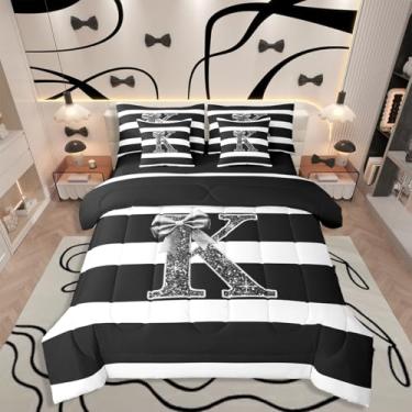 Imagem de Erosebridal Jogo de cama com laço kawaii, tamanho casal, monograma, letra K, lençol com laço, preto, para decoração de quarto de crianças, adultos, mulheres, para decoração de quarto de crianças e