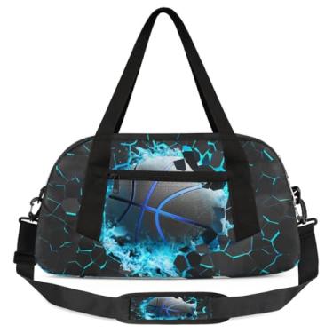 Imagem de Bolsa de viagem de academia para meninos – Bolsa infantil de fim de semana com bolso frontal com zíper para prática escolar, bolsas de mão para adolescentes, Basquete 3D azul, Esportivo