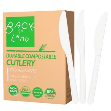 Imagem de BACK TO LAND Conjunto de talheres descartáveis 100% compostáveis, facas compostáveis a granel, conjunto de utensílios de servir para festas, talheres biodegradáveis resistentes para acampamento