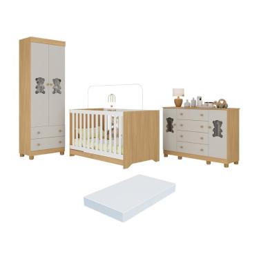 Imagem de Quarto De Bebê Completo Berço Americano 3 Em 1 Colchão Fofura Multimóveis MP4673 Madeirado-off White