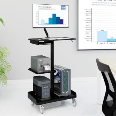 Imagem de Natwind Carrinho de estação de trabalho móvel com suporte para monitor, carrinho de computador com rodinhas de altura ajustável, mesa de suporte resistente com suporte de CPU para escritório em casa