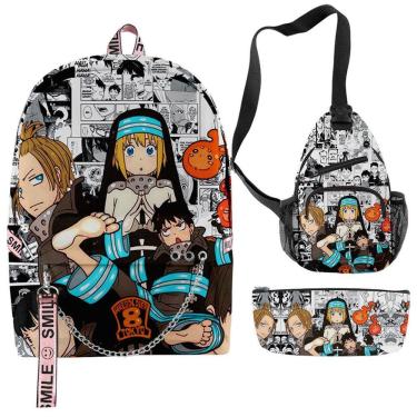 Imagem de Conjunto de mochilas escolares: mochila Fire Force, bolsa de lápis Messenger
