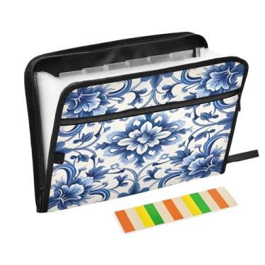 Imagem de Wassud Azulejo de flor azul com 13 bolsos, organizador de arquivos sanfonados, pastas expansíveis com abas e adesivos, organizador de pastas de documentos de recibo de papel tamanho carta A4 para