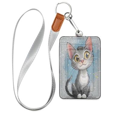 Imagem de Wassud Cordões de couro PU de gato cinza para crachás de identificação, porta-chaves, porta-crachás, cartões de crédito para escritórios, funcionários, estudantes, funcionários