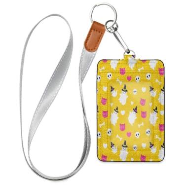 Imagem de Wassud Lindo porta-crachá de couro PU com cordão, porta-cartão de identificação para trabalho, cordão de pescoço com compartimentos para cartões de crédito, funcionários, estudantes, 39,9 cm