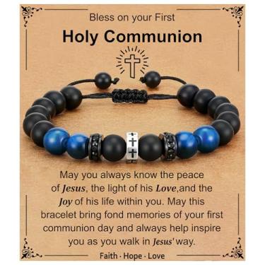 Imagem de Esrial Pulseira de cruz para homens, presentes de Natal para homens, pulseira de contas cruzadas, aniversário, batismo, presentes cristãos para filho, neto, irmão, sobrinho, 5.5in, Cobre, Ágata