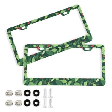 Imagem de Wassud Moldura decorativa de alumínio para placa de carro com folhas de azevinho de Natal, 2 unidades, suporte universal para placa de carro para carros padrão dos EUA