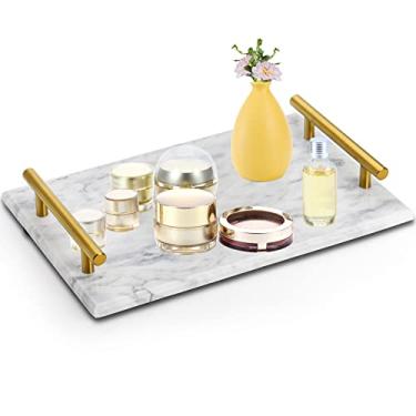 Imagem de DEAYOU Bandeja de mármore com alças douradas, bandeja decorativa de pedra de mármore branco, bandeja de servir de mesa de cabeceira de 30 cm com alça de metal, bandeja de perfume Catchall Key Placa de