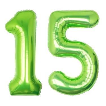 Imagem de SULALABOO Balão grande número 15 verde de 101 cm com número de hélio grande limão gigante digital 15ª folha Mylar balão grande para festa de aniversário de meninos decorações de formatura