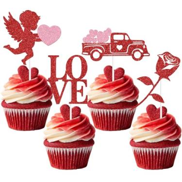 Imagem de 16PCS Glitter Love Cupcake Toppers, Valentine's Sweetheart Car Rose Cupid Decor, Valentine's Day Wedding Bridal Shower Party Decorations Supplies