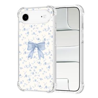 Imagem de Vulfwela Capa para iPhone 17 Air de 16,5 cm com laço azul, estampa de flor de videira fresca e moderna, capa de telefone transparente para mulheres e meninas, antiamarelamento, antiqueda, à prova de