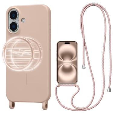 Imagem de UCASONG Capa transversal magnética para iPhone 16 de 6,1 polegadas, capa de silicone líquido com alça ajustável no pescoço, [compatível com MagSafe] Capa protetora de telefone à prova de choque