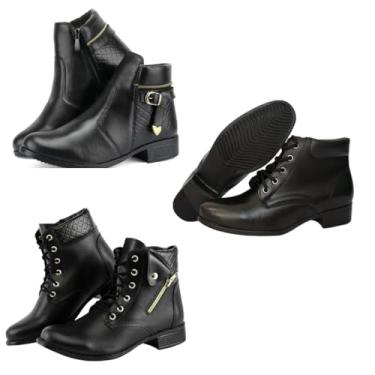 Imagem de Bota Feminina Cano Curto Sem Salto Kit 3 botas couro ecológico (Preto, 34, BR, Adulto, Numérico, M, 33)