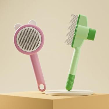 Imagem de Pacote com 2 escovas para gatos para queda, escova de cabelo autolimpante com botão de liberação para gatos internos, pente de silicone macio para gatos de pelo longo e curto (verde e rosa)