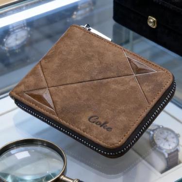 Imagem de Carteira masculina de couro curta com zíper, organizador de zíper casual macio (cinza-acinzentado)