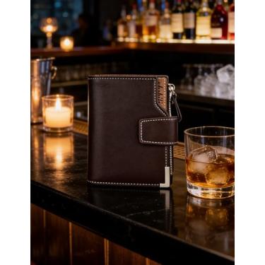 Imagem de Carteira masculina casual dobrável de couro, design de corte reto (marrom escuro)