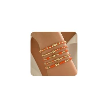 Imagem de GIGB PBDK Pulseiras femininas de corrente com contas de acrílico coloridas banhadas a ouro em camadas, pulseira elástica empilhável, boêmia, festa, férias, joias, acessórios, presente, Large, Liga