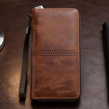 Imagem de Carteira masculina retrô marrom claro horizontal de camurça aberta resistente à água, design aberto horizontal retrô marrom claro com estampa listrada de camurça e revestimento resistente à água