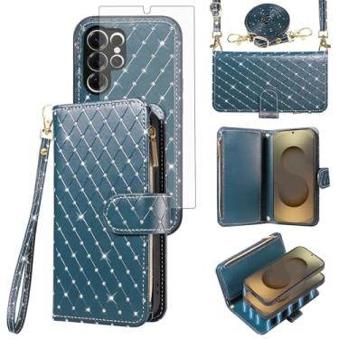 Imagem de Capa carteira compatível com Samsung Galaxy S25 Ultra 5G com zíper para celular e protetor de tela, alça transversal, flip com glitter, porta-cartões, capa para celular para S25Ultra 25S S 25 25Ultra