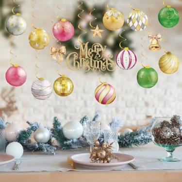 Imagem de JarThenaAMCS 48 peças de decorações de redemoinho de Natal penduradas com bolas de Natal com recortes de papelão, enfeites de teto espirais para decoração de parede de festa em casa