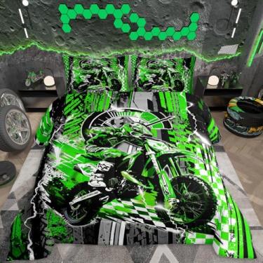 Imagem de Feelyou Conjunto de cama infantil Dirt Bike, tamanho casal, para esportes radicais, motocicleta, ultramacio, para corrida, motocross, decoração de quarto, verde