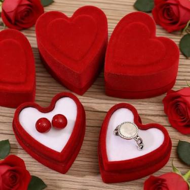 Imagem de 1 peça anel em forma de coração vermelho flocagem dia dos namorados caixa de joias colar brincos vitrine noivado casamento surpresa romântica presente caixa de armazenamento de joias, 4,5 x 4,4 x 3,5